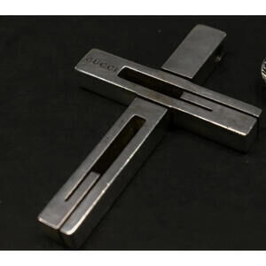 GUCCI Cutout G Cross Top Charm Necklace Pendant Silver Logo GG Double